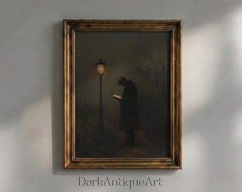 Dark Academia Art Print: Lonely Reader Under Streetlight (Digital Download)