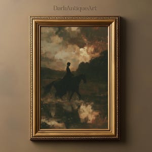 Sports équestres nocturnes | Impression d&#39;art Dark Academia, portrait de cheval de mauvaise humeur, décoration murale gothique vintage, style antique imprimable