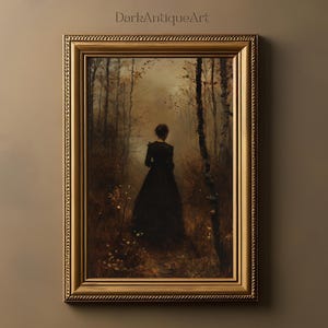 Dark Academia Woman in Forest Art Print: Moody Gothic Decor (Digital Download)
