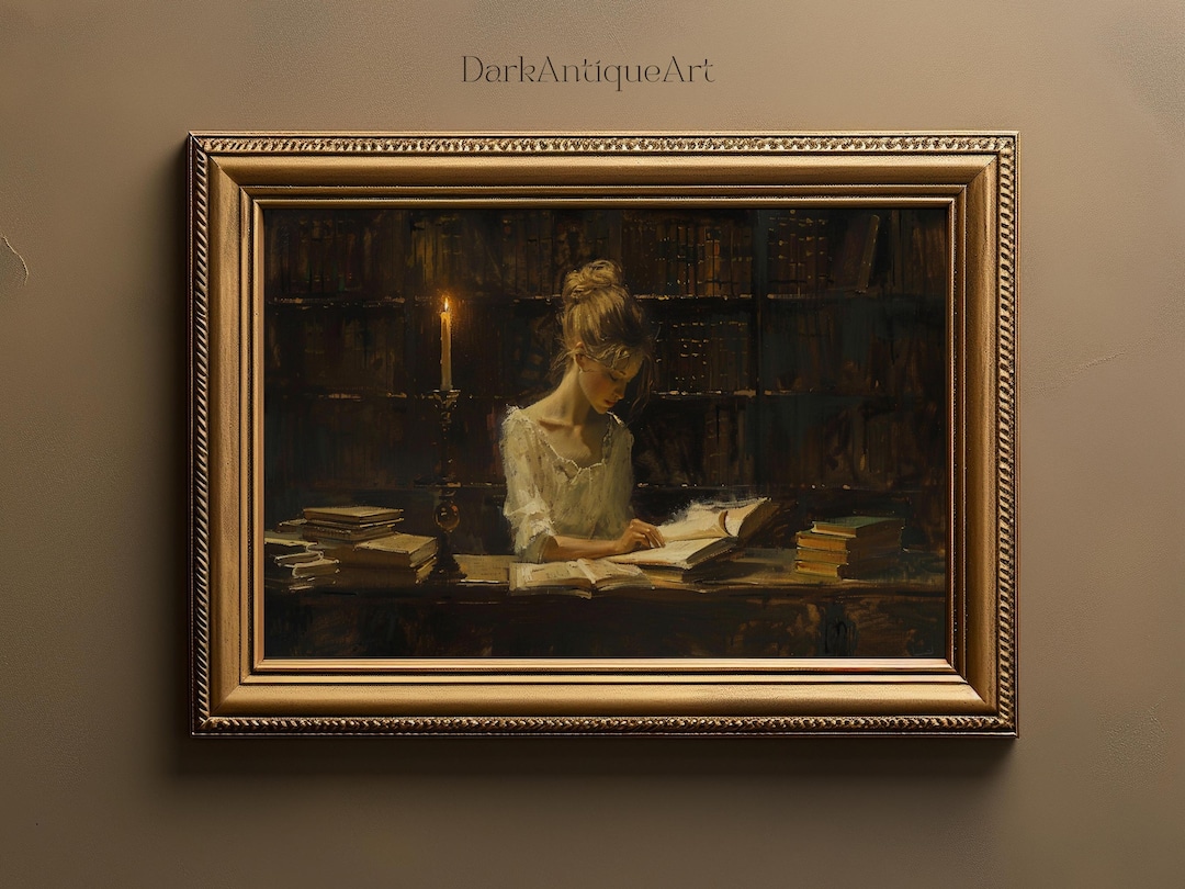 Vintage Oil Painting Woman Reading Library Candlelight Portrait Classic ...