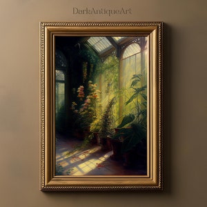 Victorian Conservatory Greenhouse Oil Painting | Baroque Botanical Renaissance Art | Tropical Plants | Cottagecore | Light Academia Print