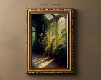 Victorian Conservatory Greenhouse Oil Painting | Baroque Botanical Renaissance Art | Tropical Plants | Cottagecore | Light Academia Print