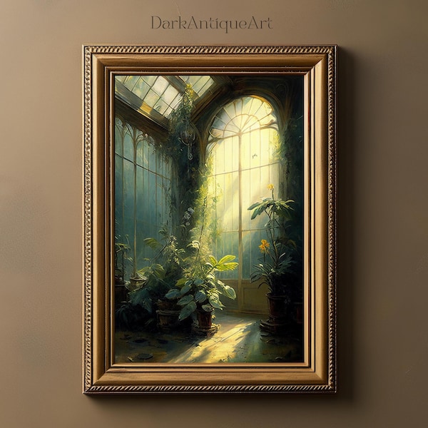 Victorian Conservatory Greenhouse Oil Painting | Baroque Botanical Renaissance Art | Tropical Plants | Cottagecore | Light Academia Print