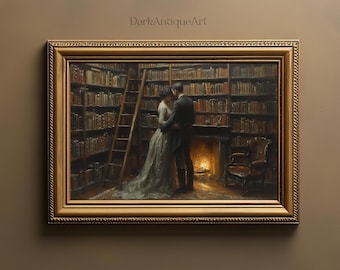 Library Embrace: Dark Academia Vintage Painting Printable, Moody Aesthetic Room Decor, Gothic Victorian Room Decor, Moody Library Wall Art
