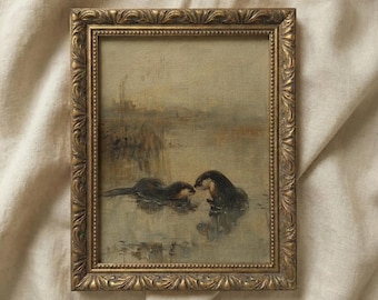 Whispering Otters | Cottagecore Digital Art, Vintage Wildlife Print, Nature Lover's Home Decor