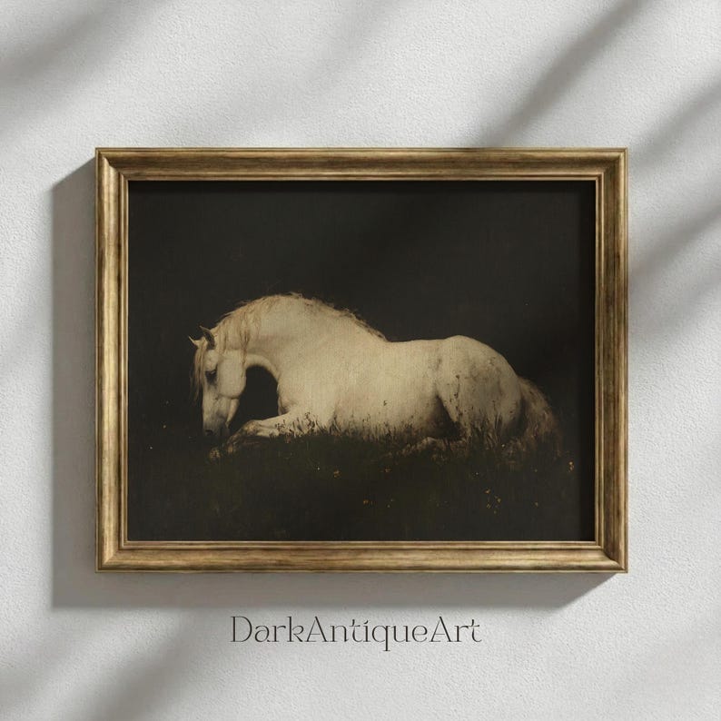 An exquisite print of a white horse set against a shadowy backdrop, ideal for adding sophistication and a dark academia touch.