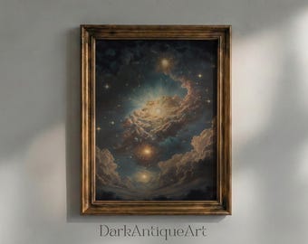 Vintage Celestial Star Clouds Painting: Gothic Wall Art (Instant Download)