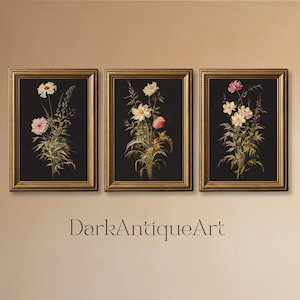 Dark Botanical Gallery Wall Art | Stimmungsvolles Blumendruck-Set | 3-teilige Wandkunst | Dark Academia Druck | Digitaler Download | Druckbare Kunst