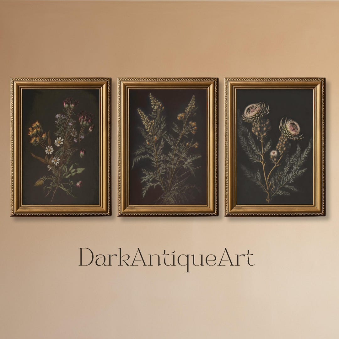 Dark Botanical Gallery Wall Art | Moody Floral Print Set | 3 Piece Wall ...