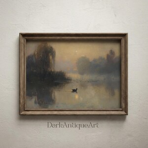 Cottagecore wall art print featuring a reflective lake scene enveloped in morning mist.