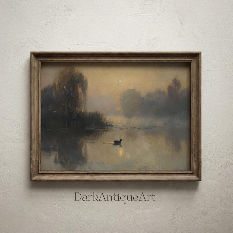 Cottagecore wall art print featuring a reflective lake scene enveloped in morning mist.