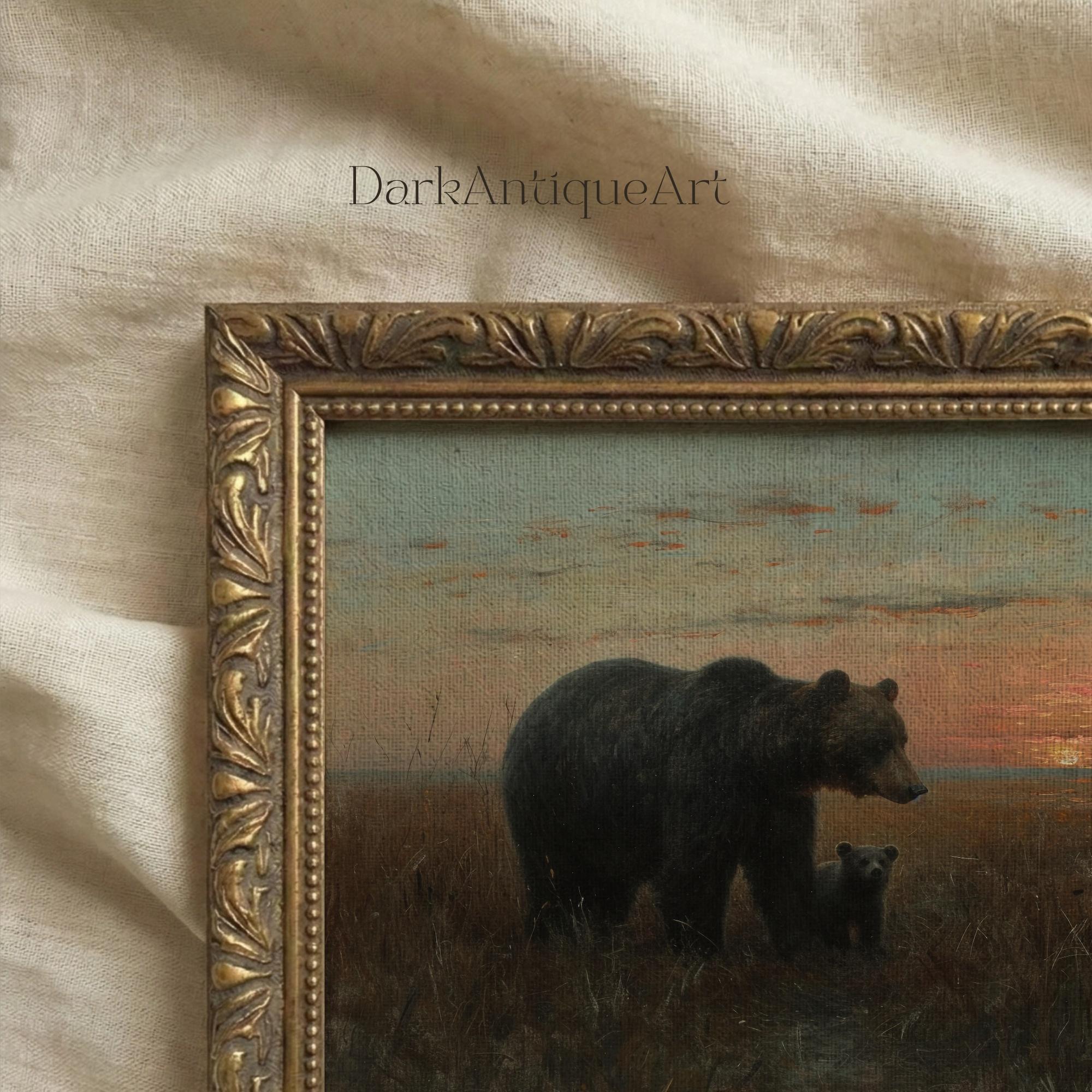 クマと子グマの油彩画 ヴィンテージのクマの油絵：母熊と子熊の夕焼けアート（デジタル