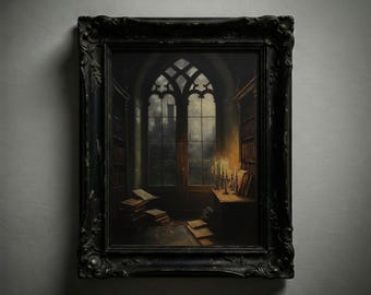 Peinture pour fenêtre de bibliothèque victorienne : oeuvre d'art murale Moody Academia (impression numérique)