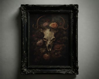 Floral Skull Oil Painting: Dark Cottagecore Gothic Wall Art (Download)