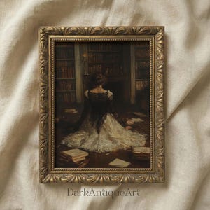 Lámina artística de Dark Academia: Biblioteca victoriana, lector melancólico (descarga digital)