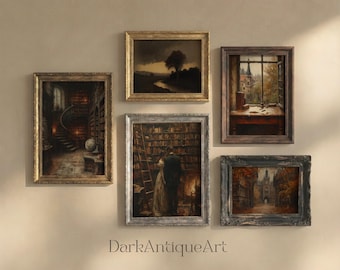Dark Academia Bibliothek-Galeriewand-Set, Kunstdrucke für Vintage-Buchliebhaber, Gothic-Arbeitszimmerdeko (digitaler Download)