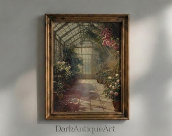 Victorian Greenhouse Oil Painting: Moody Botanical Art (Digital Download)