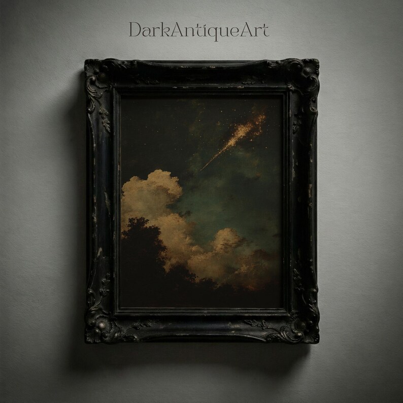 Romantic night sky artistry enveloped in mystery, part of the celestial print category, accentuating antique decor.