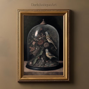 Victorian Cloche with Birds Print | Victorian Moody Glass Dome | Birds Printable Wall Art | Dark Academia Aesthetic | Digital Download