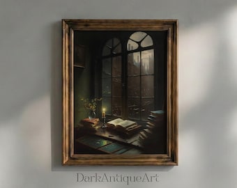 Victorian Window Desk Painting: Dark Academia Art Print (Digital Printable)