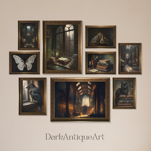 Set of 9 Dark Academia Prints |  Vintage Gallery Wall Set | Antique Oil Painting | Goth Wall Decor | Digital Download | Printable Wall Decor