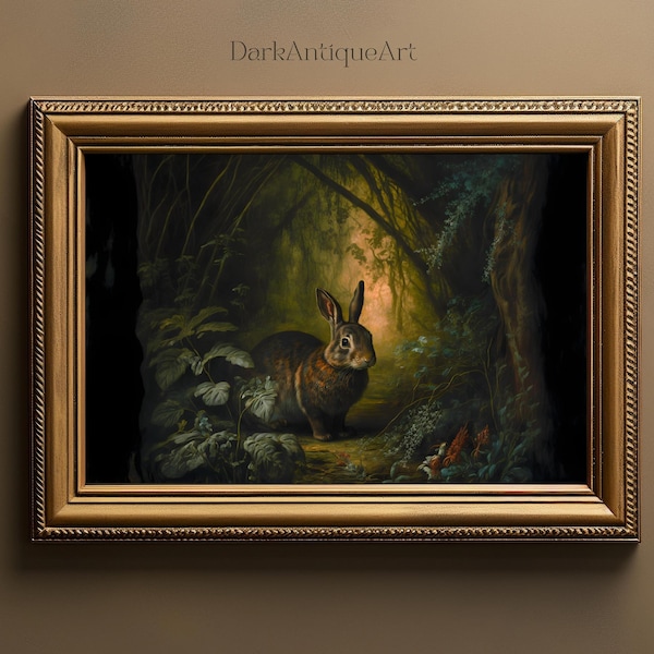 Vintage Hare in Forest Oil Painting | Rabbit Wall Art | Bunny Print | Moody Cottagecore | Dark Cottage Core | Dark Academia Decor