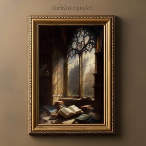 Vintage Victorian Window Desk Painting | Light Academia Print | Digital Printable | Moody Wall Art | Dark Academia Art | Book Wall Decor