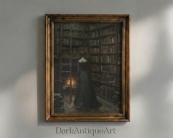 Dark Academia Library Art: Gothic Woman Antique Painting (Digital Download)
