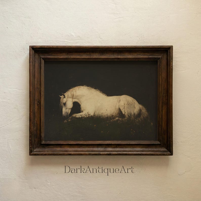 Decorate your space with this vintage-inspired printable, capturing the mysterious allure of a white horse against a dark background.