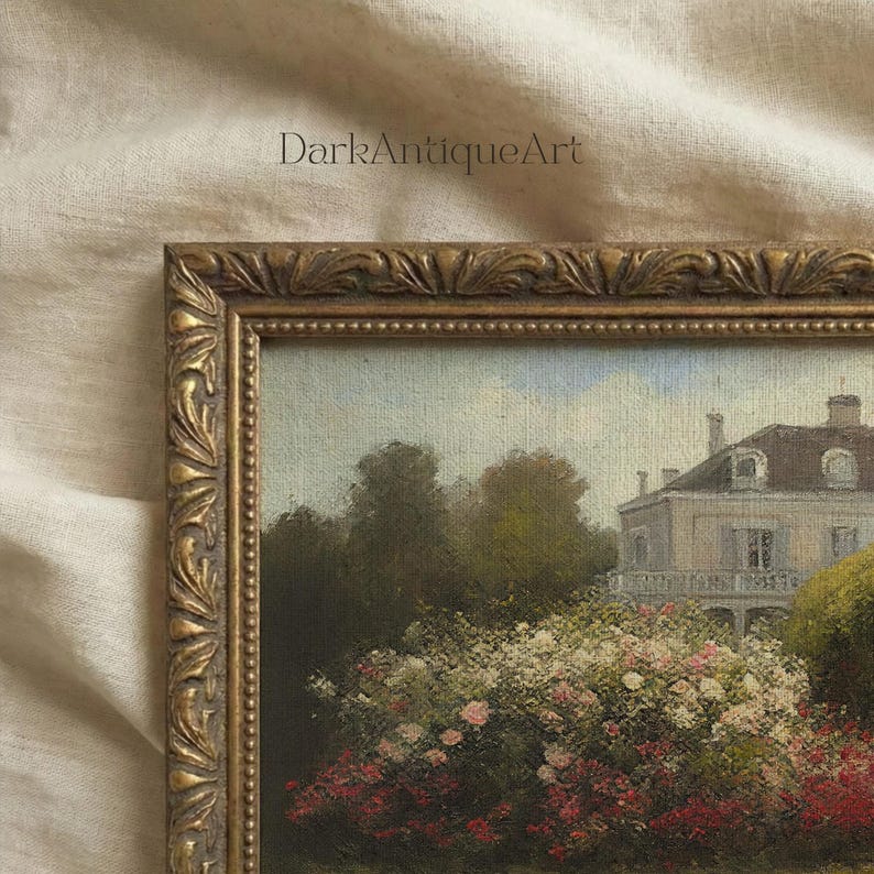 Victorian House Oil Painting: Vintage Rose Garden Art (Digital Download) image 2