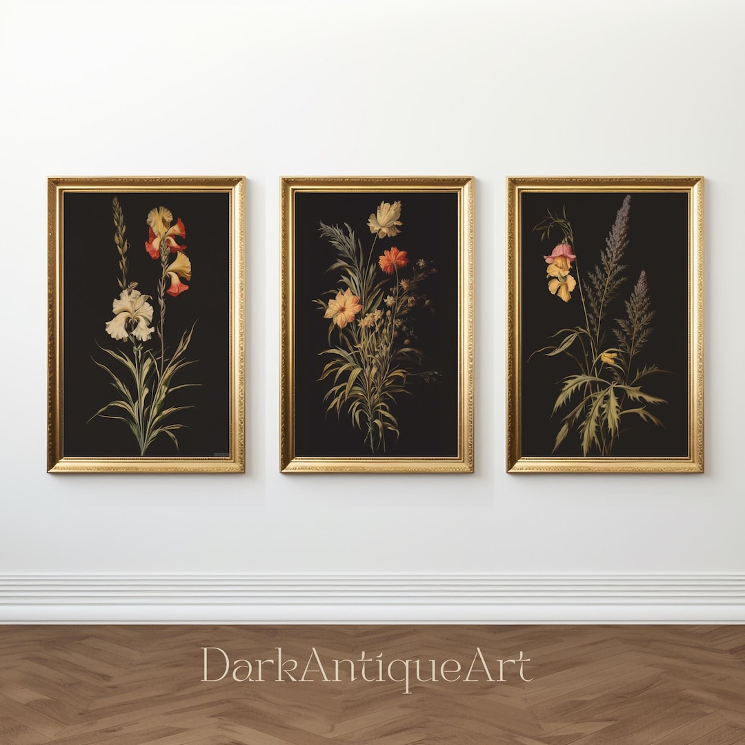 Dark Botanical Gallery Wall Art Moody Floral Print Set 3 Piece Wall Art ...