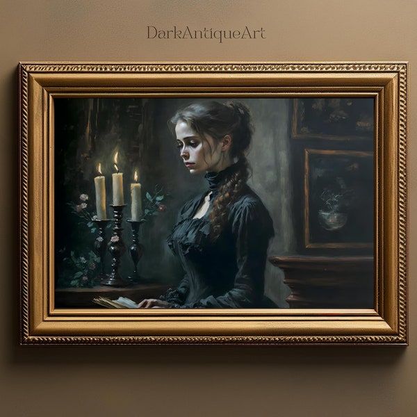 Moody Victorian Portrait Painting | Dark Portrait | Academic Art | Black Dress | Dark Academia | Dark Aesthetic | French Impressionism
