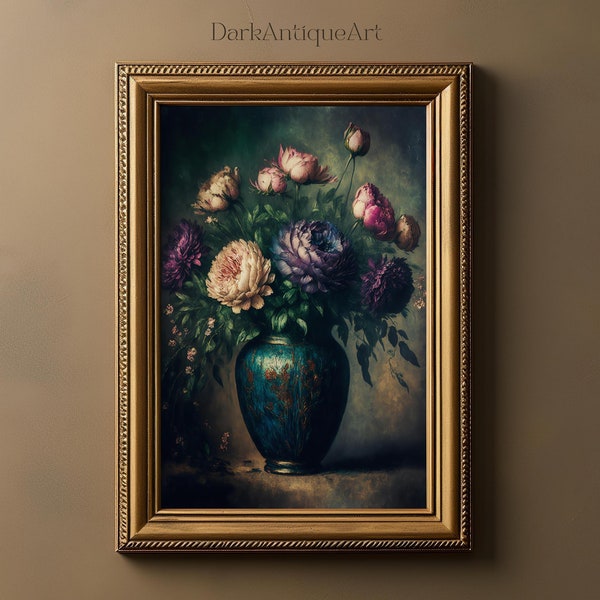 Vintage Dark Floral Oil Painting Digital Art Print | Flower Bouquet | Dark Academia | Dark Cottagecore | Instant Download | Downloadable Art