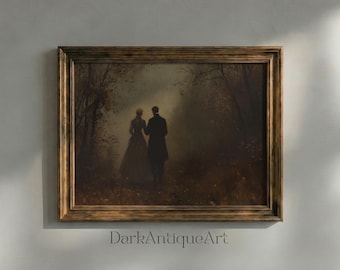 Dark Academia Couple Print: Gothic Victorian Forest Art (Digital Download)