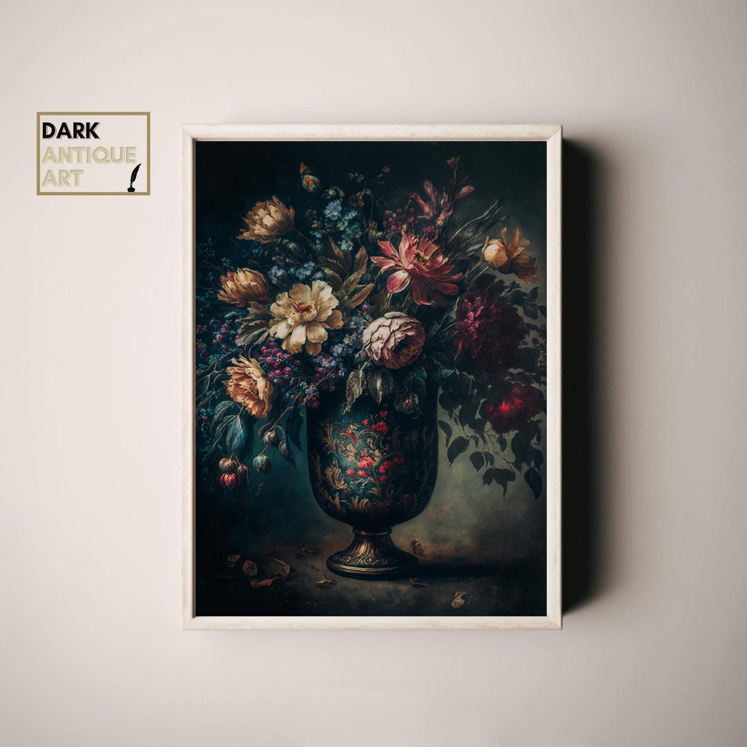Vintage Dark Floral Oil Painting Digital Art Print Flower - Etsy