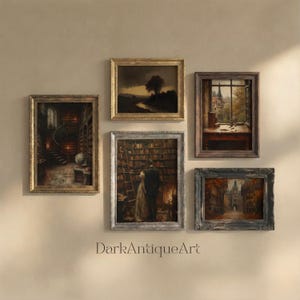 Antieke olieverfschilderijset Dark Academia: bibliotheekgalerijmuur (digitale prints)