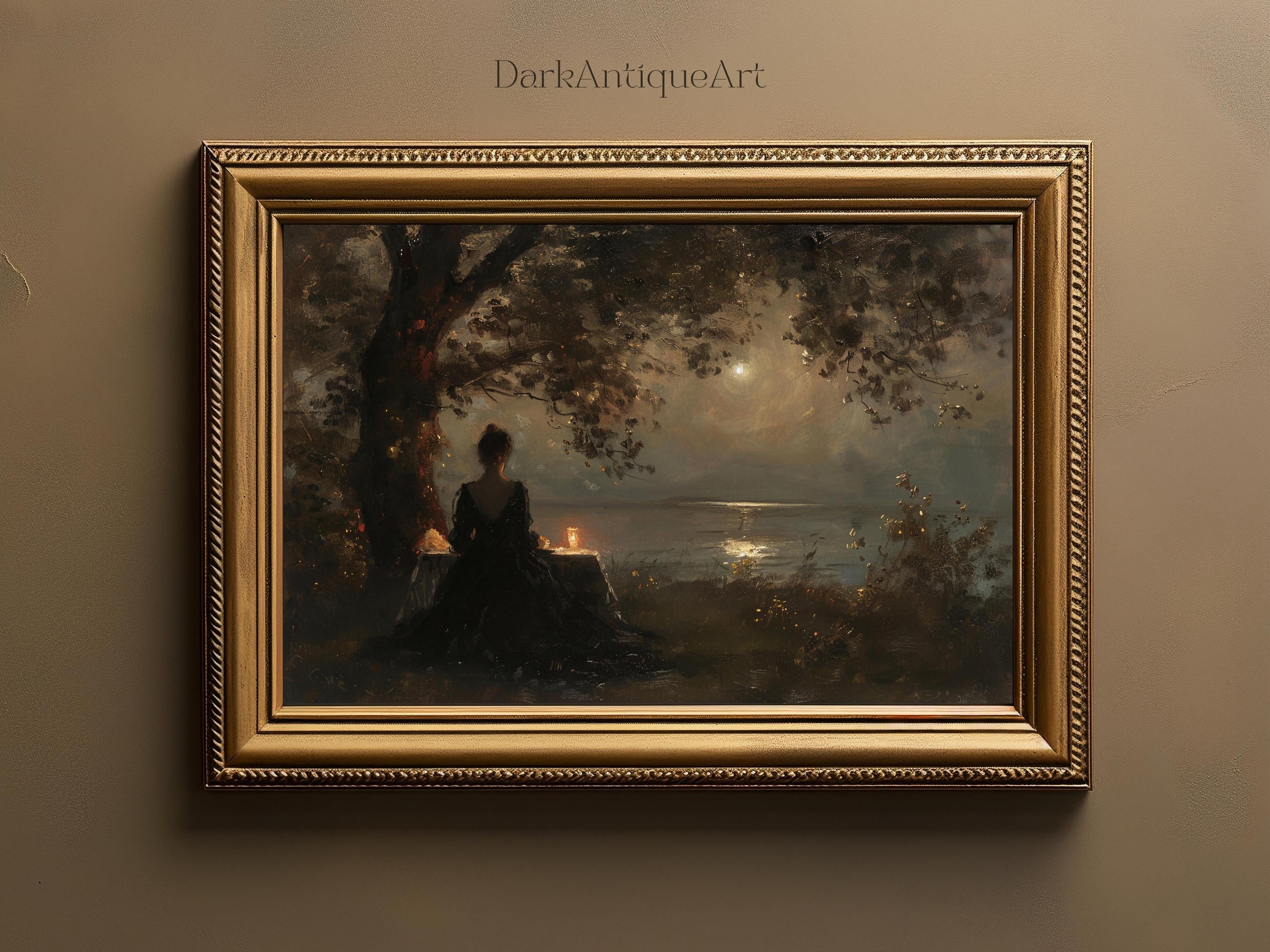 Moonlit Lake Painting Romantic Night Scene Victorian Era Art Vintage Landscape Wall Decor Nostalgic Artwork Printable Digital Download