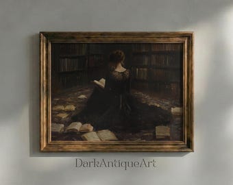 Dark Academia Art Print: Enigmatic Reader in Antique Library (Digital Download)