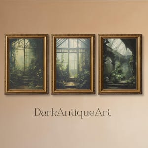 Dark Academia Botanische Drucke Antike Gewächshaus Kunst Überwucherte Pflanzen Wanddekor Stimmungsvolle Grüne Kunst Printables Dunkle Cottagecore Drucke