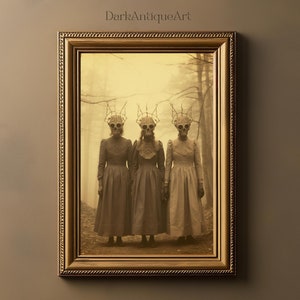 Three Witches, Forest Witch Wall Art, Dark Cottagecore Art, Vintage Painting, Deer Skull Decor, Gothic Landscape Art Print, Digital Download