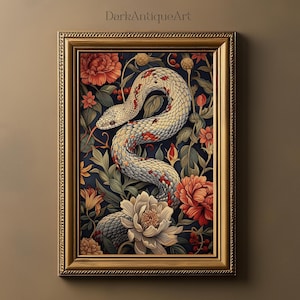 Snake Floral Art Printable Snake Illustration Floral Vintage Art Cottagecore Dark Academia Wall Art Victorian Art Snake Decor