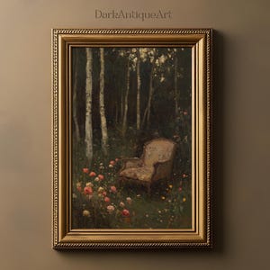 Dark Academia Forest Armchair Art Print: Moody Antique Decor (Digital Download)