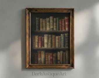 Vintage Bookshelf Oil Painting: Dark Academia Library Art (Digital Download)