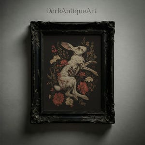 Estampado floral de conejo macabro: Arte mural gótico cottagecore (descarga digital)