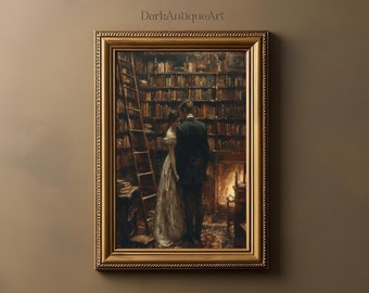 Vintage Library Scene, Dark Academia Inspired Wall Art, Moody Aesthetic Printable, Antique Style Home Decor for Book Lovers