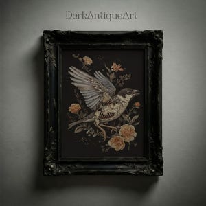 Estampado floral de pájaro macabro: Arte mural gótico oscuro cottagecore (descarga digital)