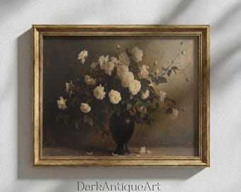 Victorian Floral Oil Painting: Moody Antique Rose Art (Digital Download)