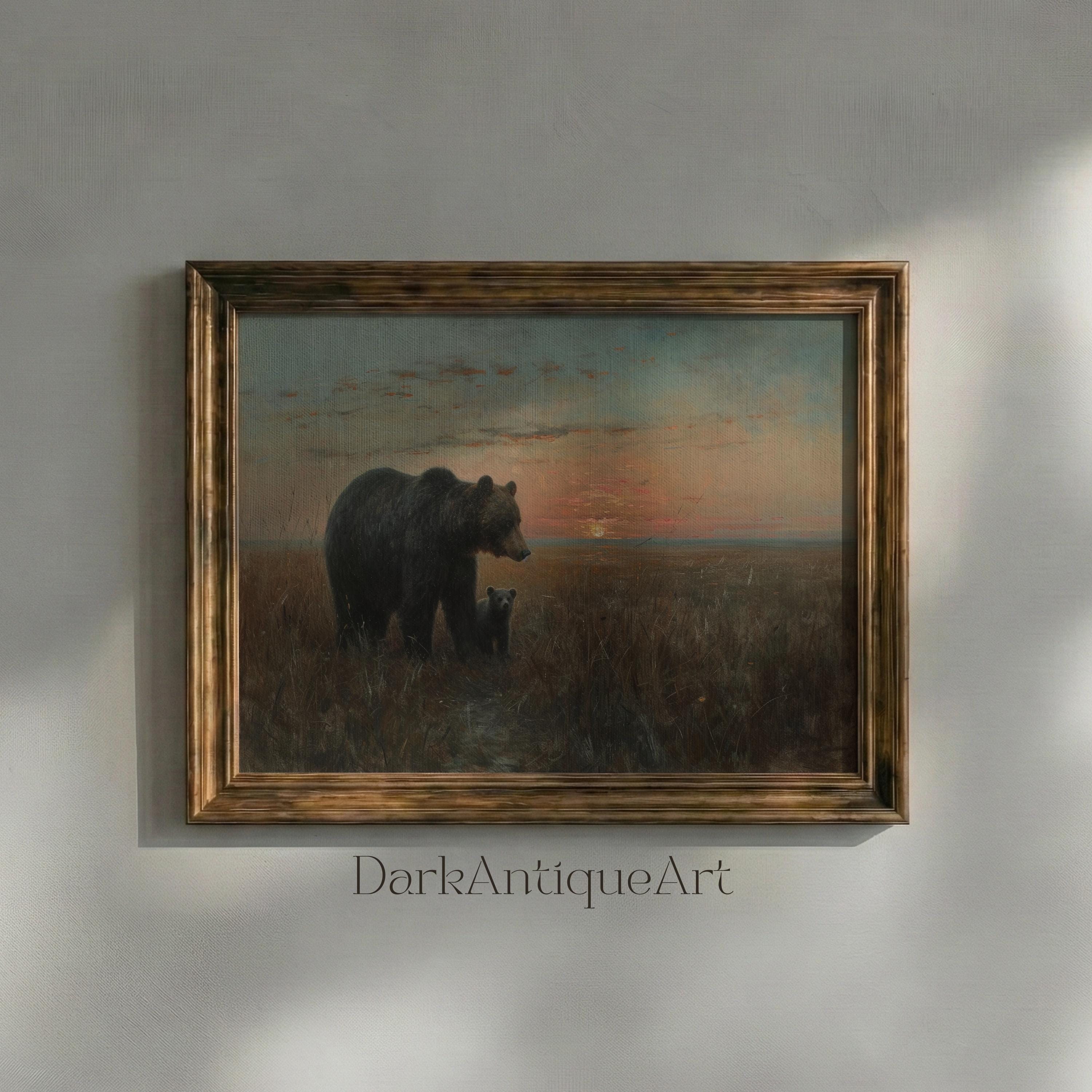 クマと子グマの油彩画 ヴィンテージのクマの油絵：母熊と子熊の夕焼けアート（デジタル