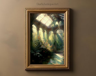 Victorian Conservatory Greenhouse Oil Painting | Baroque Botanical Renaissance Art | Tropical Plants | Cottagecore | Light Academia Print