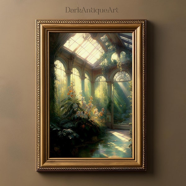 Victorian Conservatory Greenhouse Oil Painting | Baroque Botanical Renaissance Art | Tropical Plants | Cottagecore | Light Academia Print